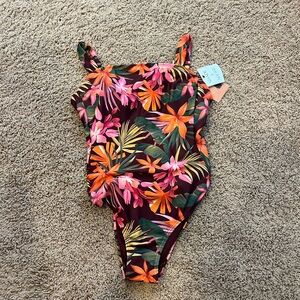 Shade & Shore Tropical Floral One-Piece Swimsuit - Pink & Orange on Burgundy
